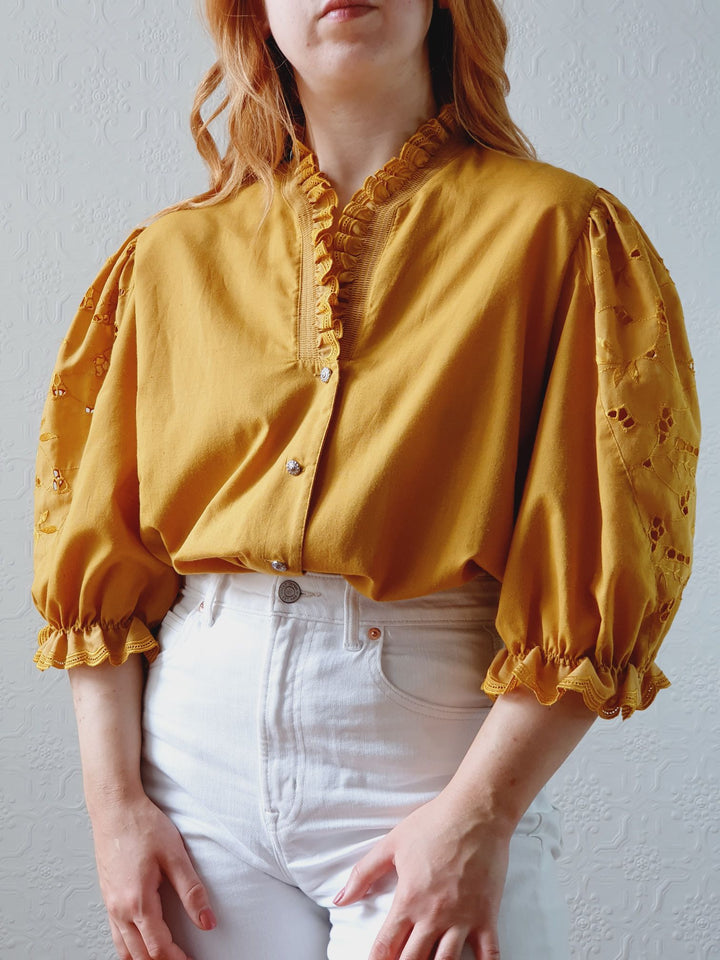 Vintage Mustard Austrian Dirndl Blouse with Puff Sleeves - XL