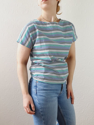 Vintage 80s Blue & Green Striped Tee with Batwing Short Sleeves - S