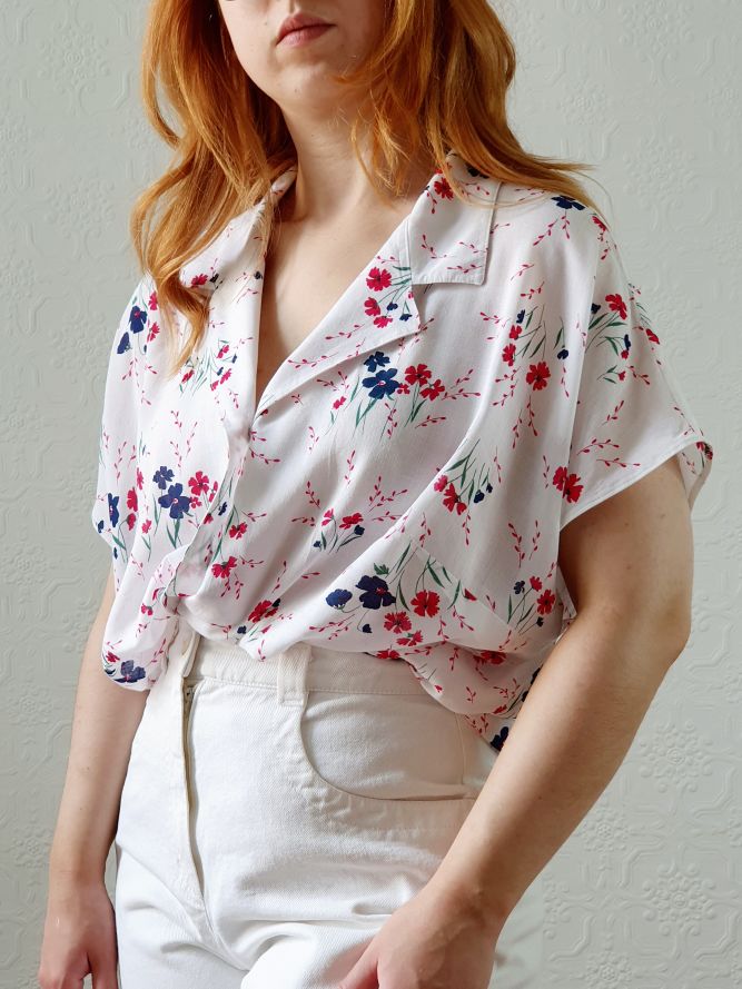 Vintage 80s White Cap Sleeve Floral Blouse - XL/XXL