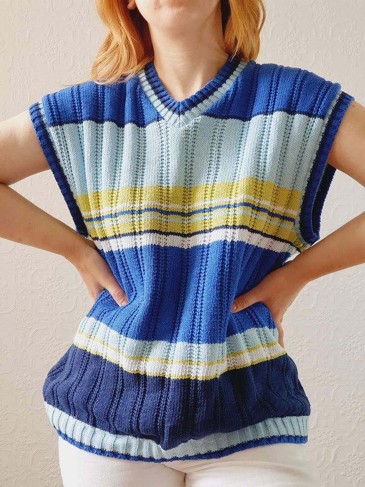 Vintage Blue & Green Striped Cotton V-Neck Vest - L/XL