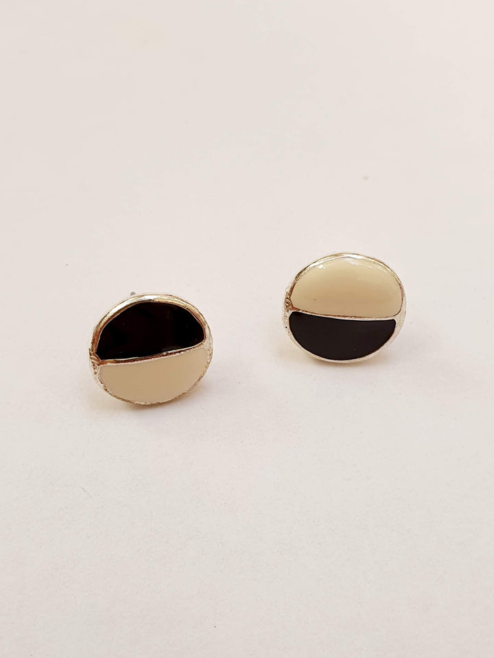 Vintage Silver Plated Black & White Round Stud Earrings