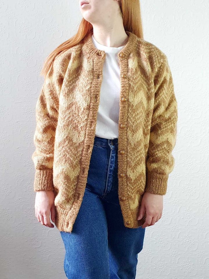 Vintage 80s Mustard Chevron Pattern Wool Cardigan  - M