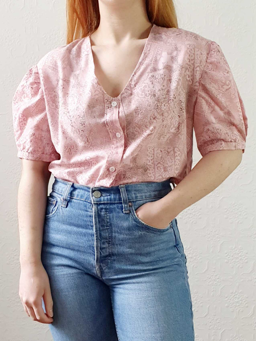 Vintage Pink Puff Sleeve V-Neck Blouse - M/L