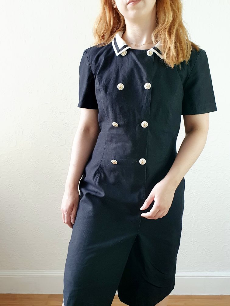 Vintage Black Linen Nautical Dress - S/M