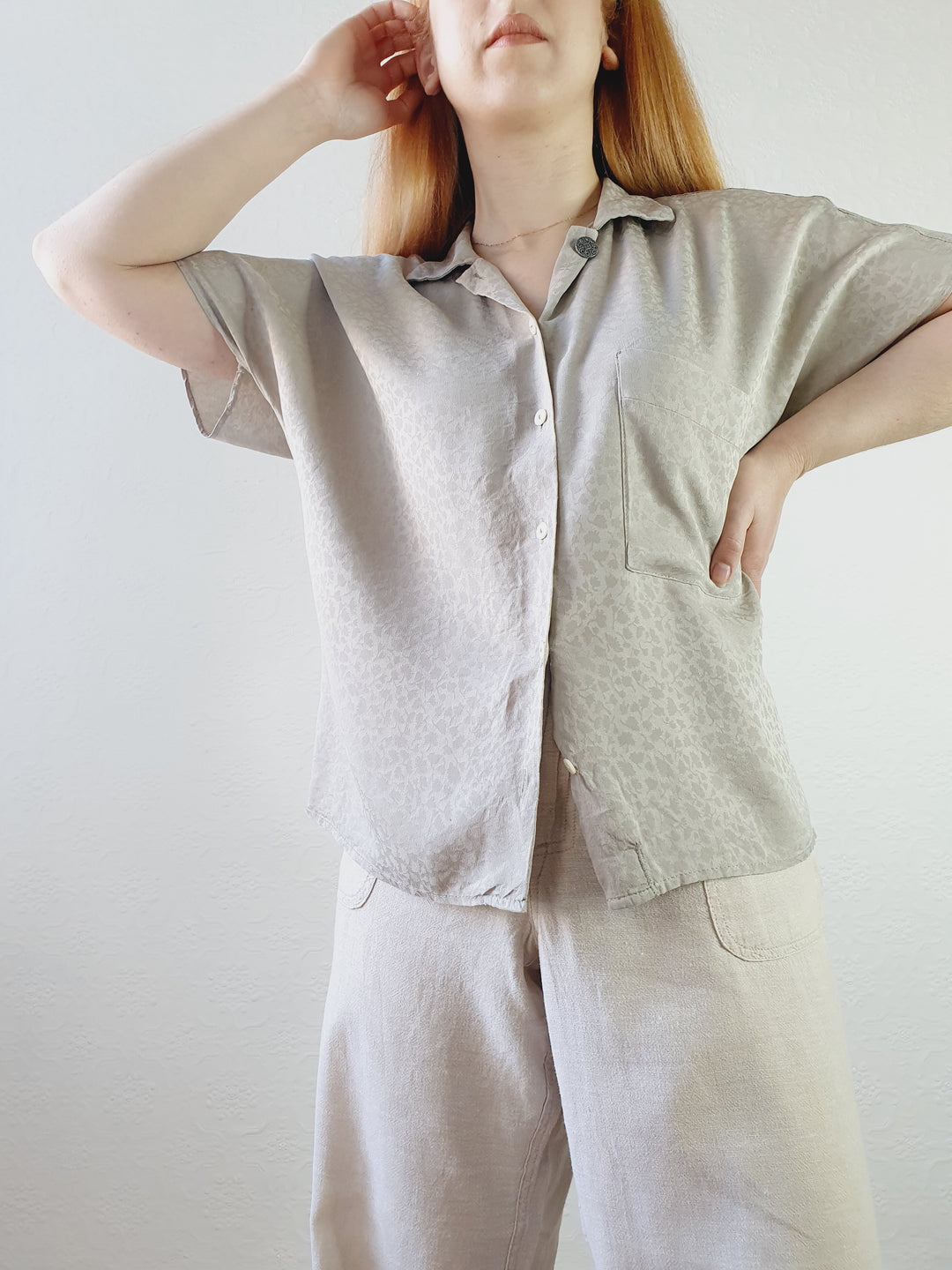 Light Grey Floral Detail Silky Top - XL