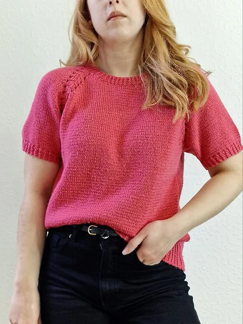 Vintage 80s Dark Pink Crew Neck Handknitted Jumper with Short Sleeves - S/M