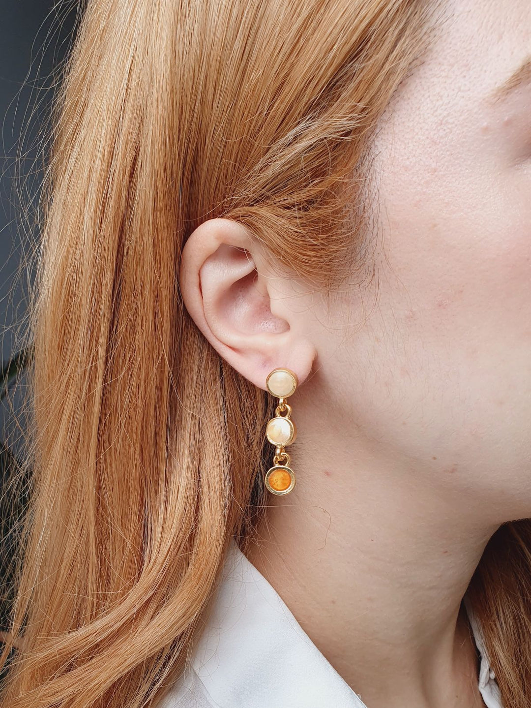 Vintage Gold Plated Drop Earrings with Copper & Beige Enamel