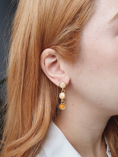 Vintage Gold Plated Drop Earrings with Copper & Beige Enamel