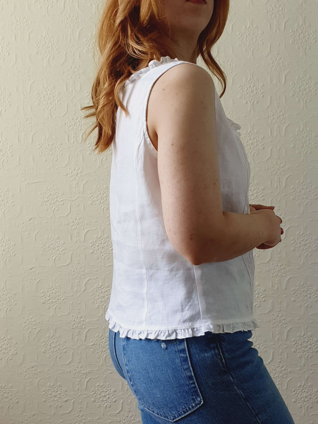 Vintage White Linen Sleeveless Top with Square Neckline - M/L