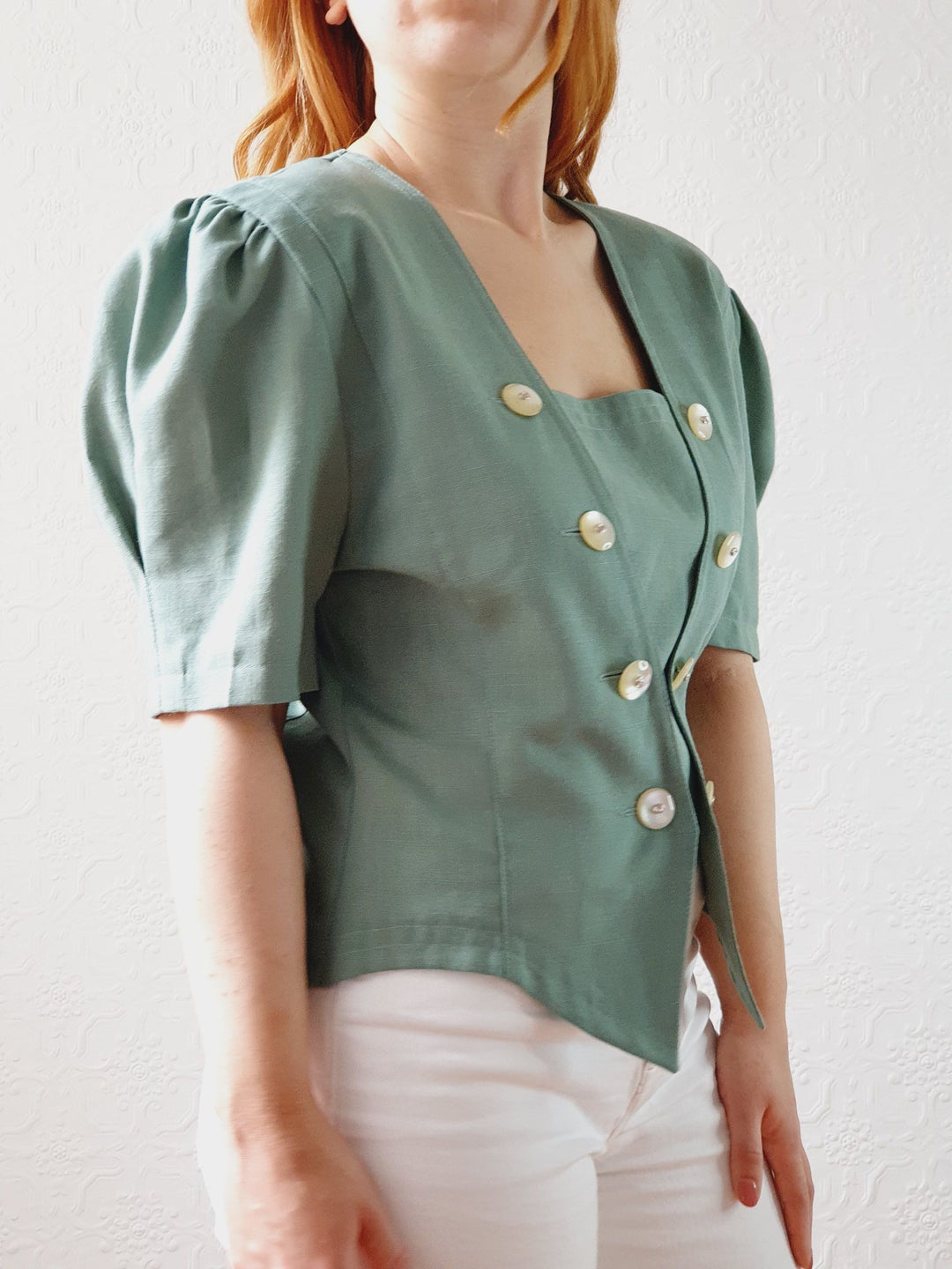 Vintage 80s Muted Green Puff Sleeve Blouse with Square Neckline - M