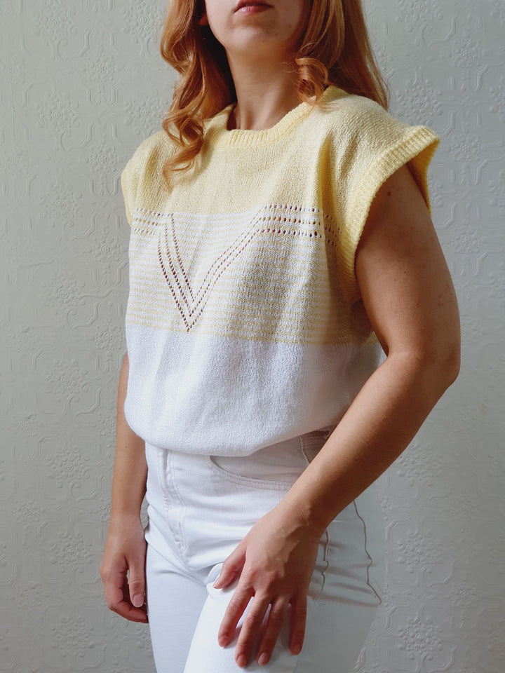 Vintage 70s White & Yellow Knitted Vest - M/L