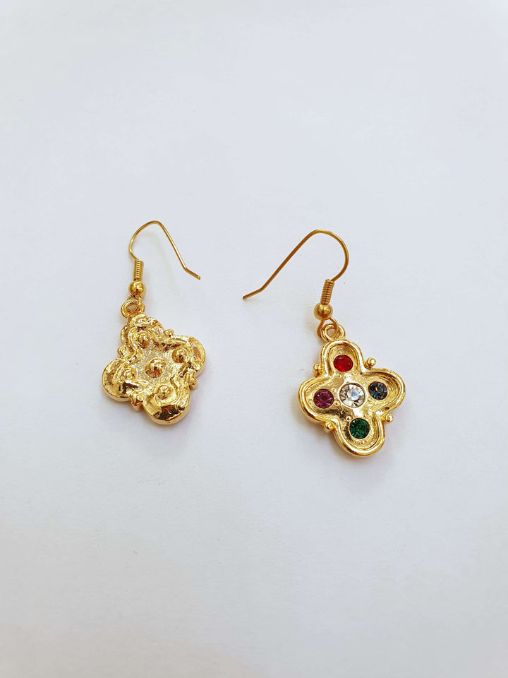 Vintage Gold Plated Drop Cross Earrings with Colourful Crystals