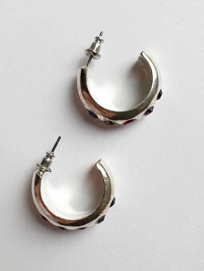 Vintage Silver Plated Hoop Stud Earrings with Purple Stones