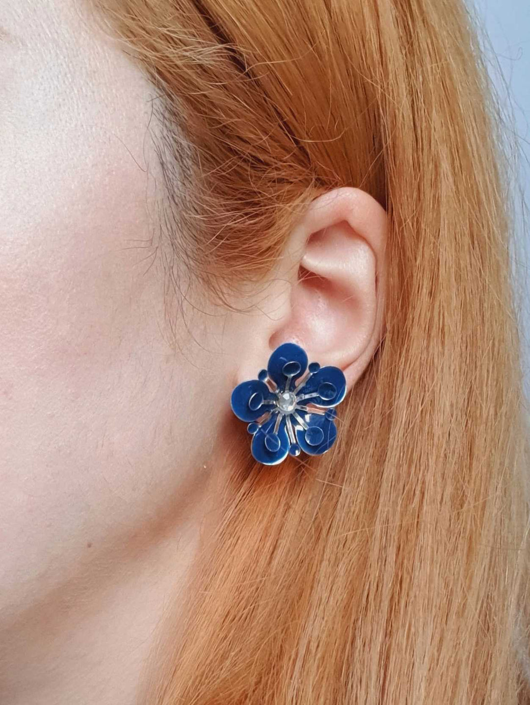 Vintage Silver Toned Blue Flower Stud Earrings