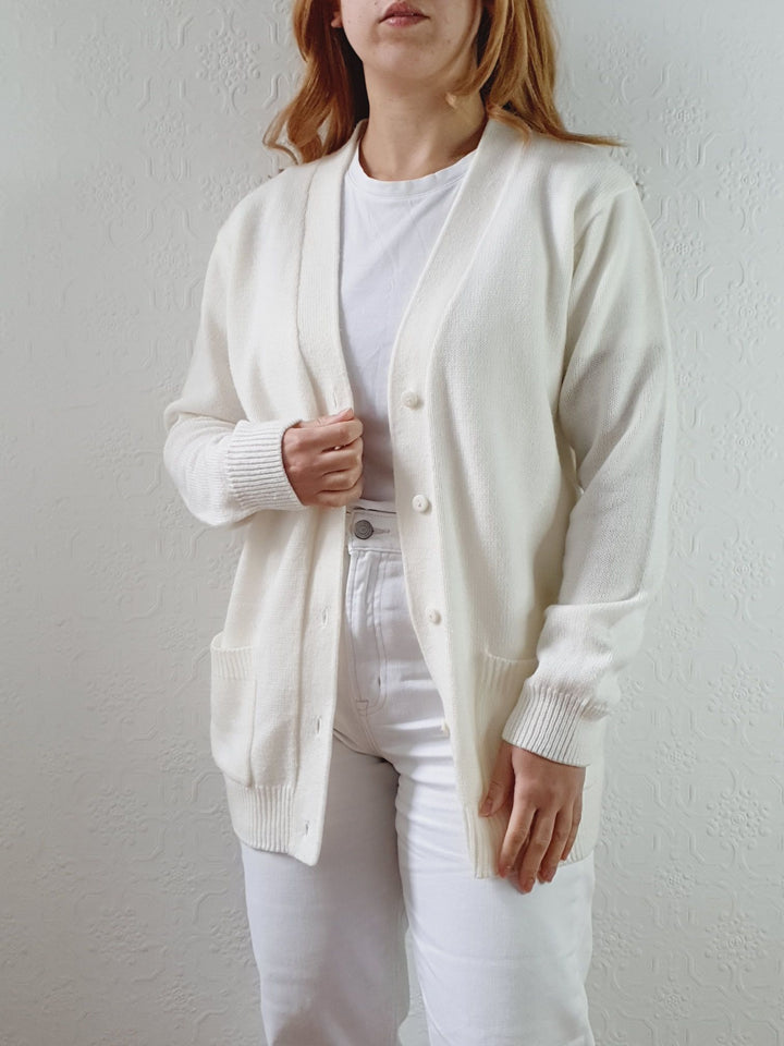 Vintage 80s Cream V-Neck Cardigan - M