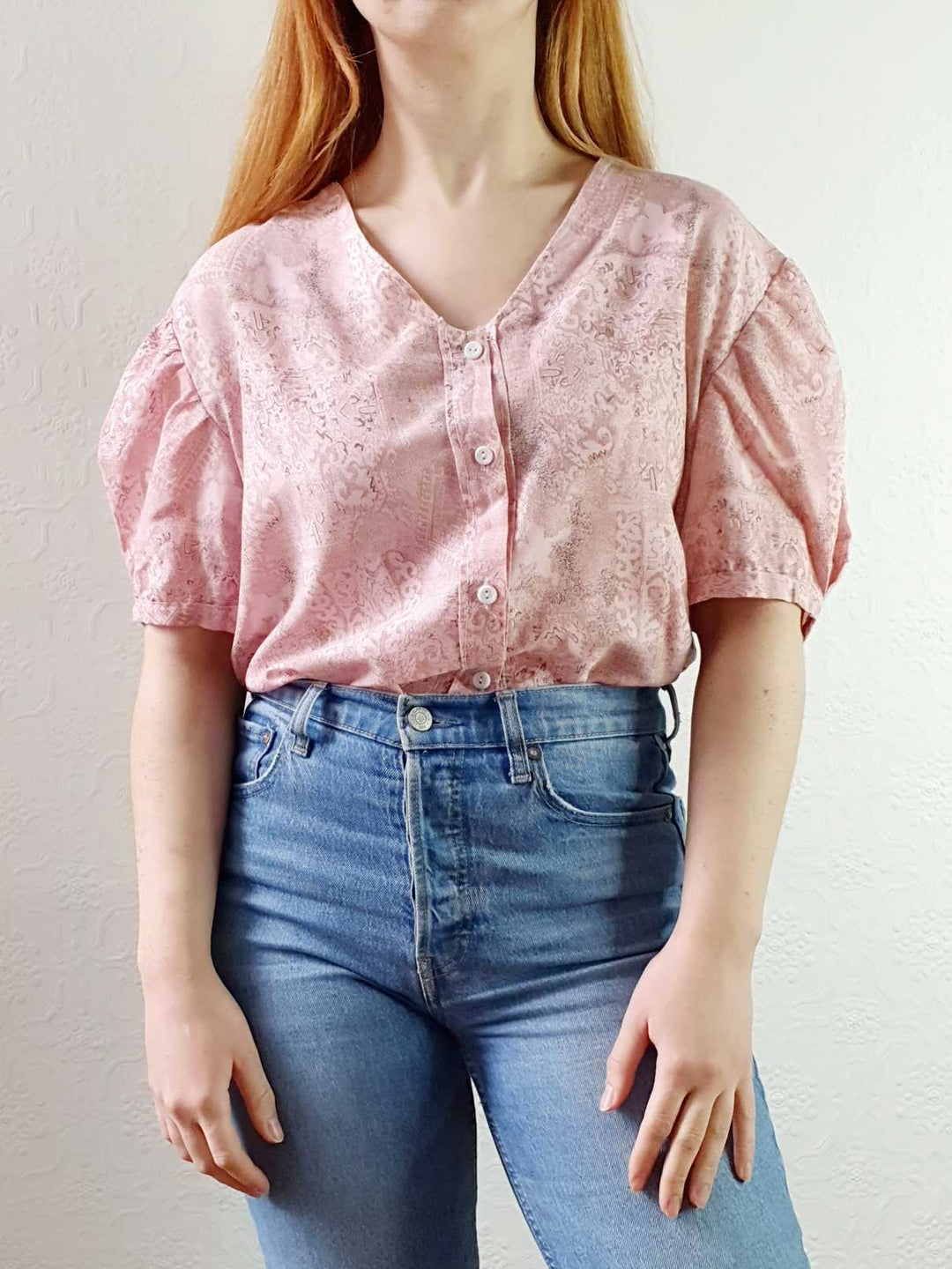 Vintage Pink Puff Sleeve V-Neck Blouse - M/L