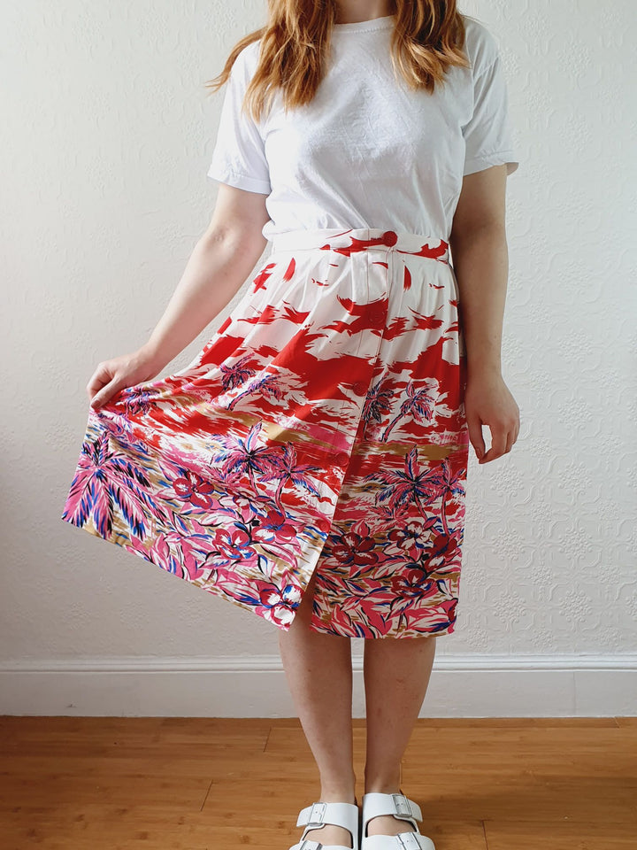 Vintage Handmade White & Red Tropical Pattern Skirt - M