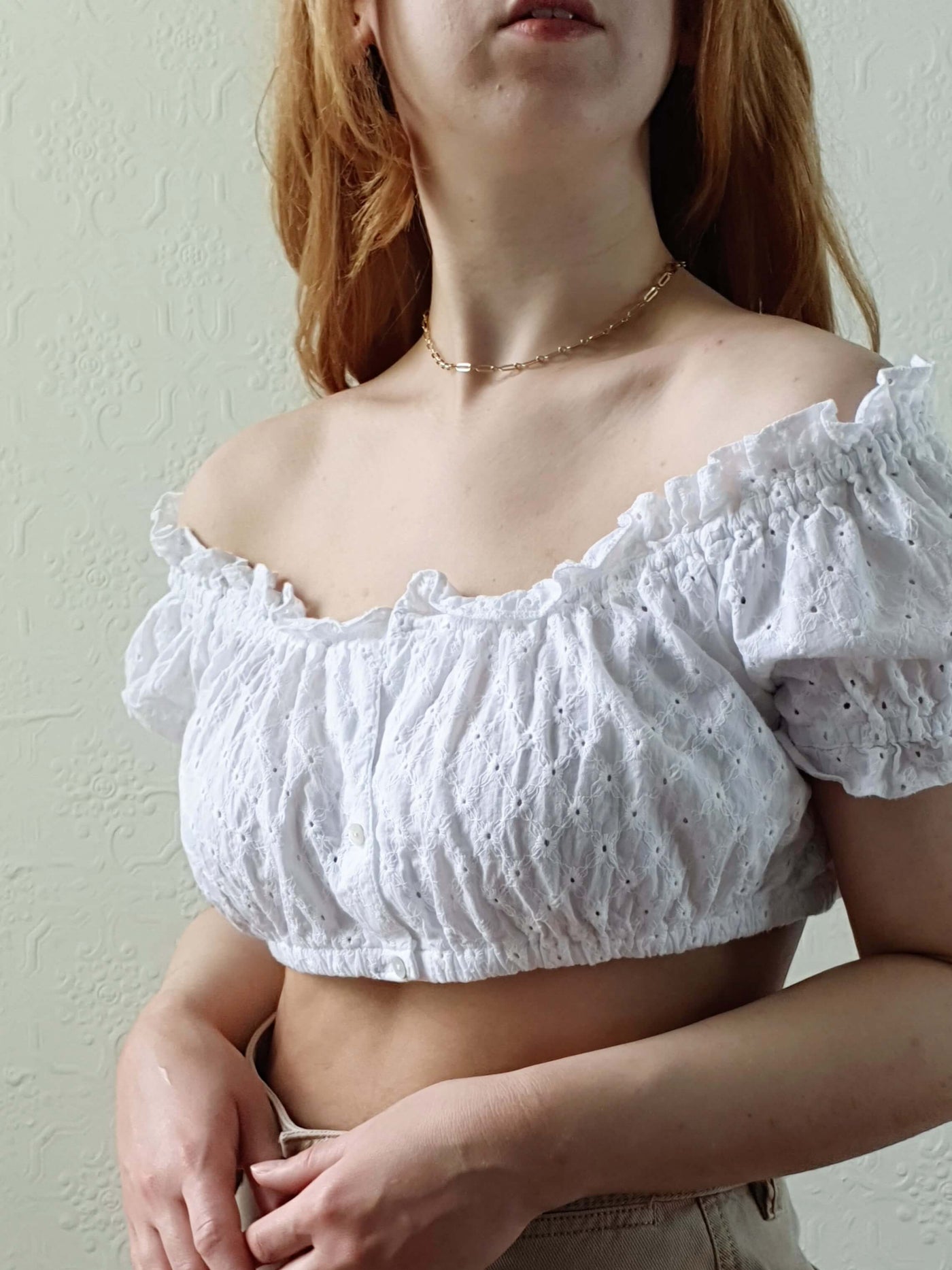 Vintage White Cotton Broderie Anglaise Cropped Top - S/M