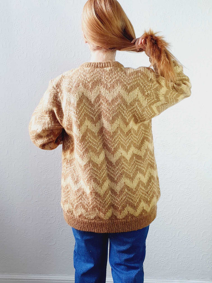 Vintage 80s Mustard Chevron Pattern Wool Cardigan  - M