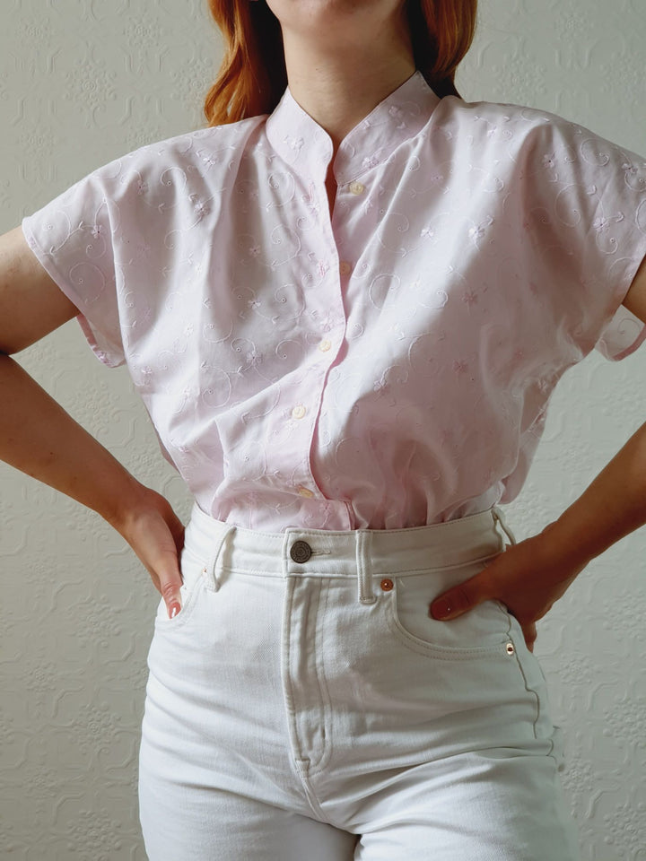 Vintage 80s Pale Pink Broderie Anglaise Blouse - S