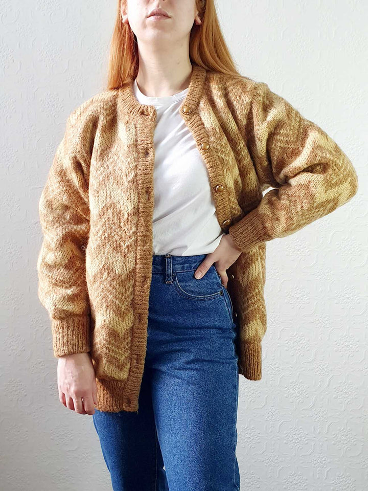 Vintage 80s Mustard Chevron Pattern Wool Cardigan  - M