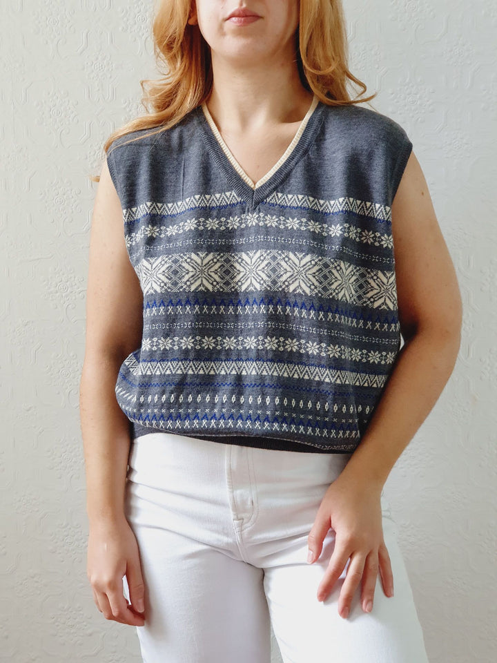 Vintage Grey Fairisle Wool V-Neck Vest - M