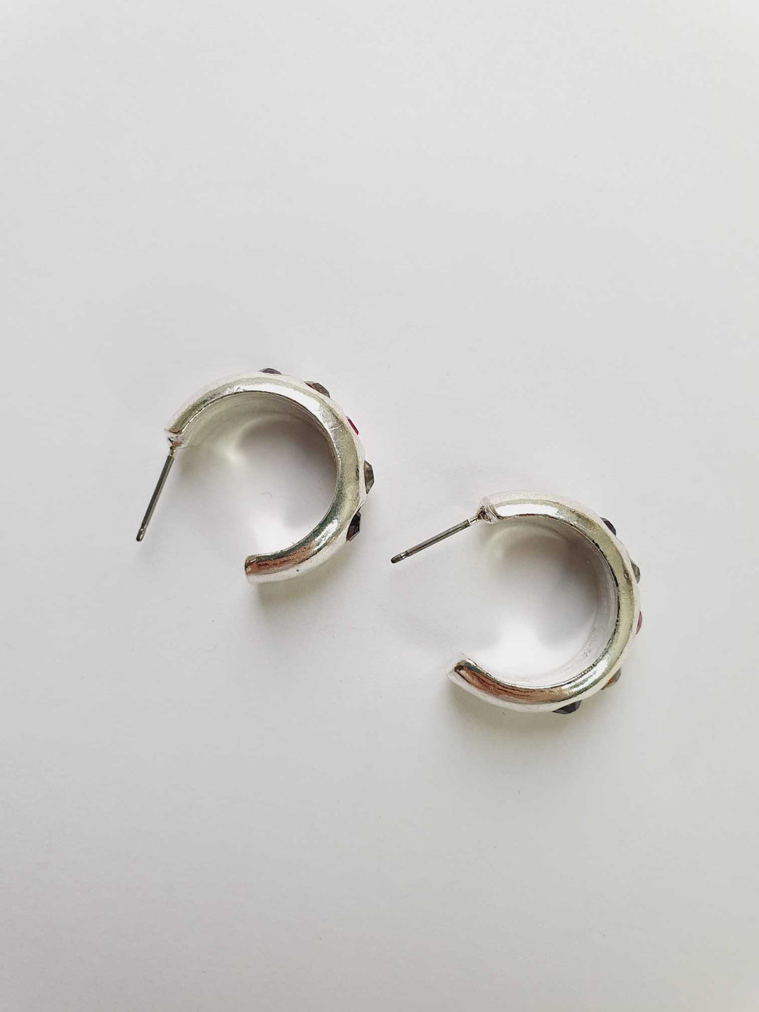 Vintage Silver Plated Hoop Stud Earrings with Purple Stones