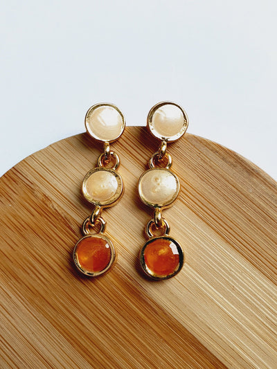 Vintage Gold Plated Drop Earrings with Copper & Beige Enamel