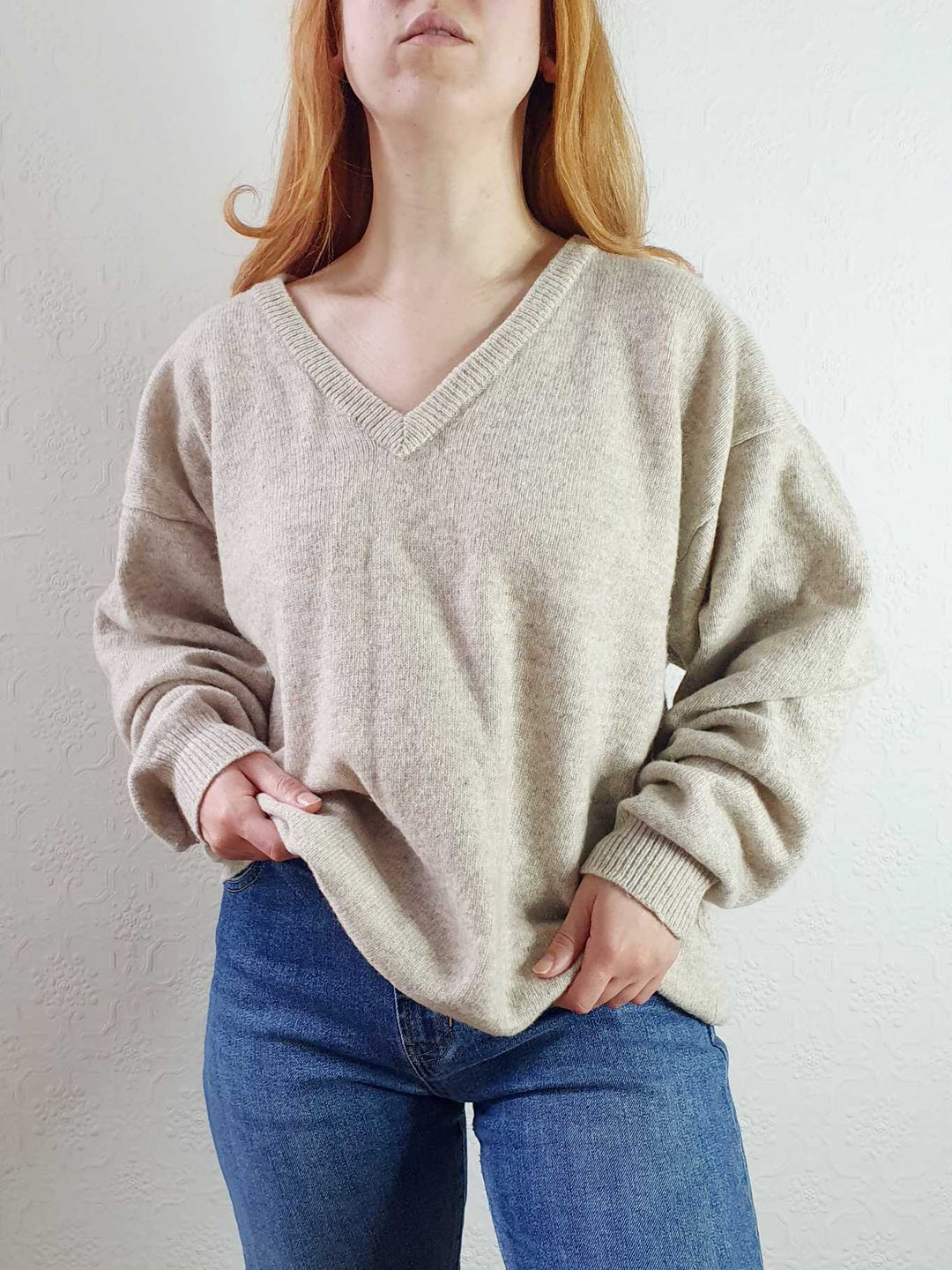 Vintage Pure Wool Beige V-Neck Jumper - XXL