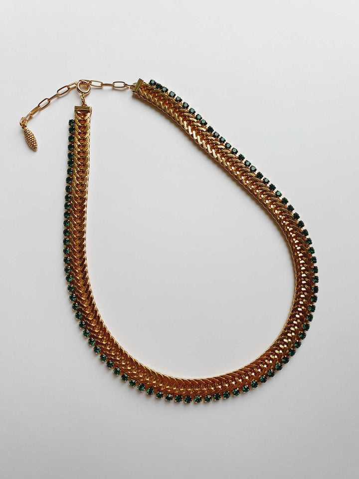 Vintage Gold Plated Herringbone Chain Necklace with Emerald Crystals