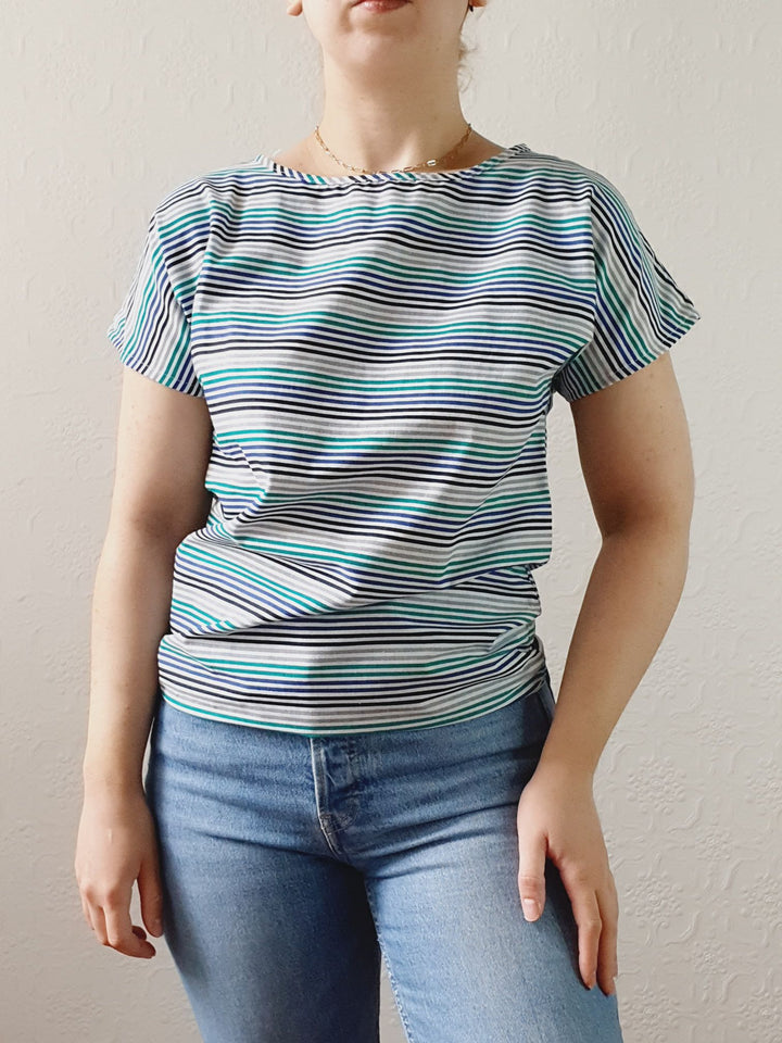 Vintage 80s Blue & Green Striped Tee with Batwing Short Sleeves - S