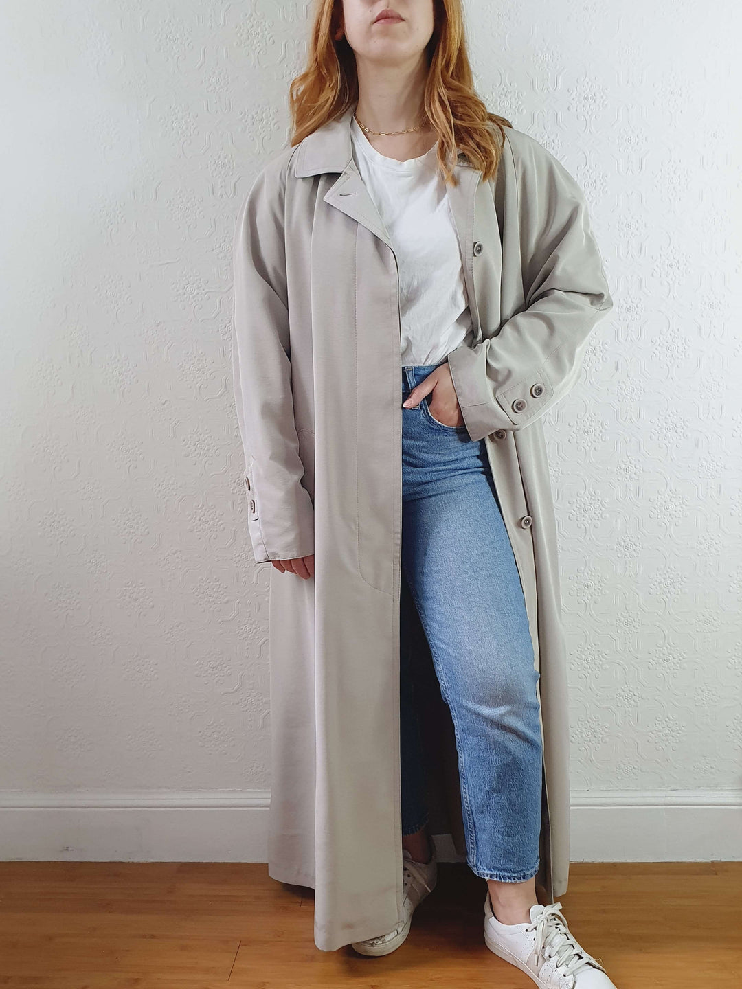 Vintage Grey Single Breasted Long Trench Coat - L