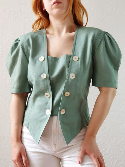 Vintage 80s Muted Green Puff Sleeve Blouse with Square Neckline - M