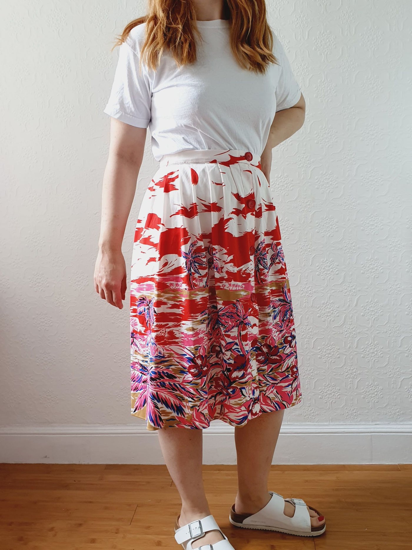 Vintage Handmade White & Red Tropical Pattern Skirt - M