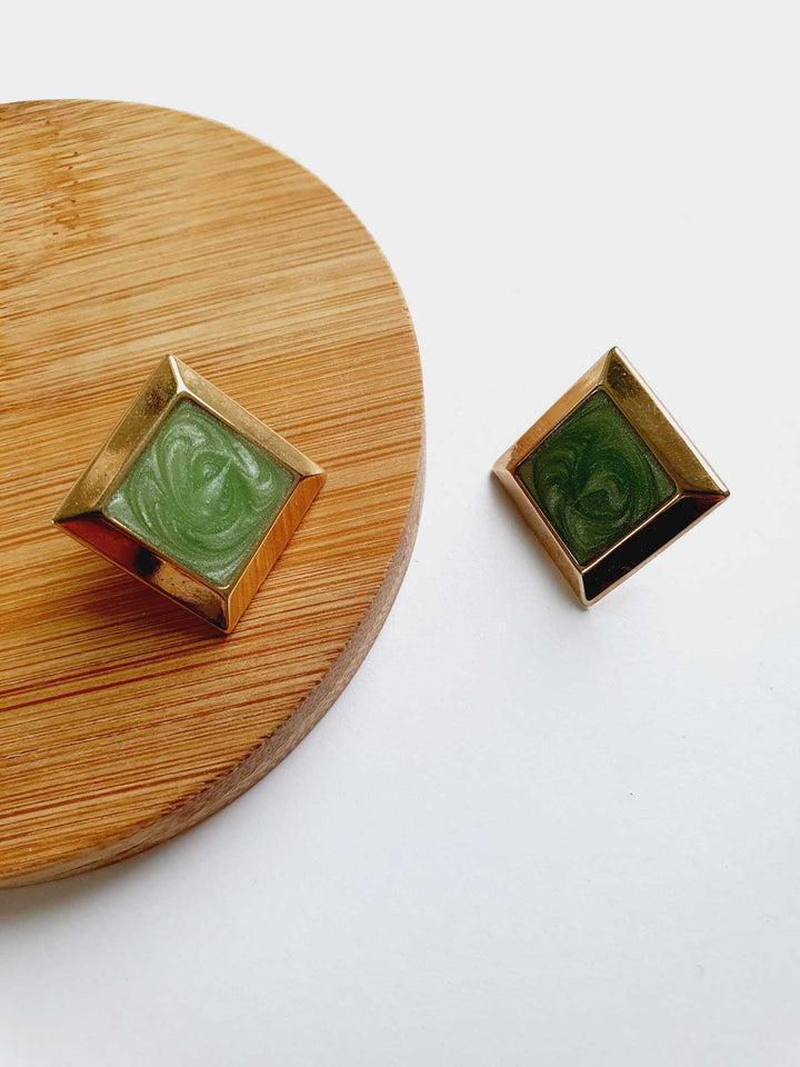 Vintage Gold Plated Green Enamel Stud Earrings