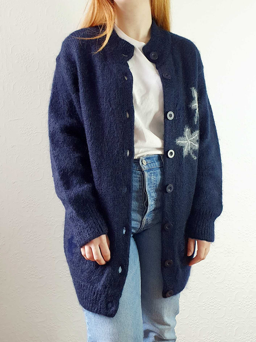 Vintage Navy Wool Long Cardigan with Embroidered Detail - M