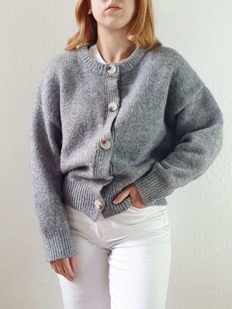 Vintage Grey Crew Neck Wool Cardigan - M/L