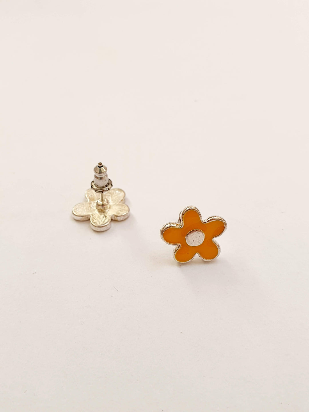 Vintage Silver Plated Mustard Enamel Flower Stud Earrings