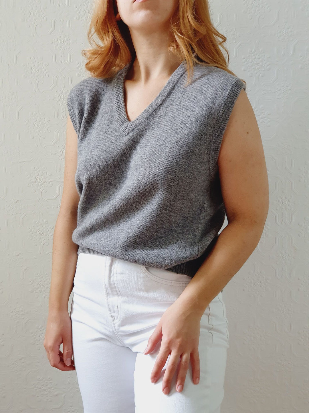 Vintage Grey Wool V-Neck Vest - M