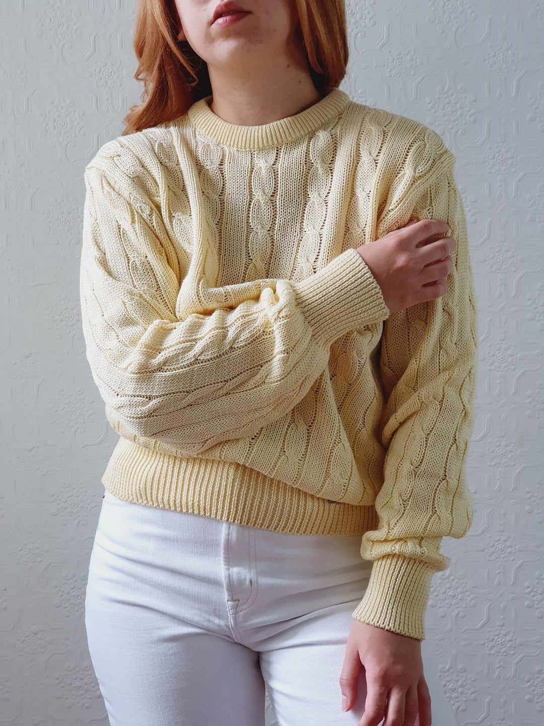 Vintage Pale Yellow Cable Knit Cotton Jumper - M