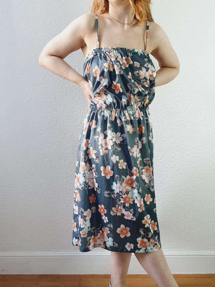 Vintage Handmade Green Floral Spaghetti Strap Dress - L/XL