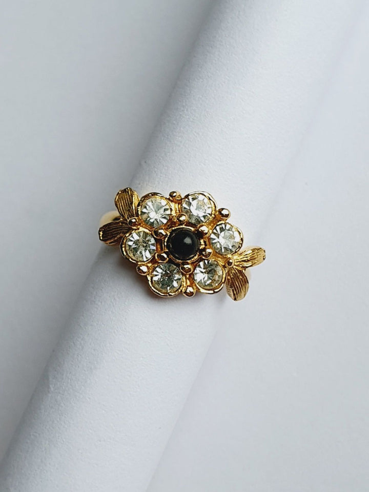 Vintage Gold Plated Clear & Black Crystal Flower Cocktail Ring