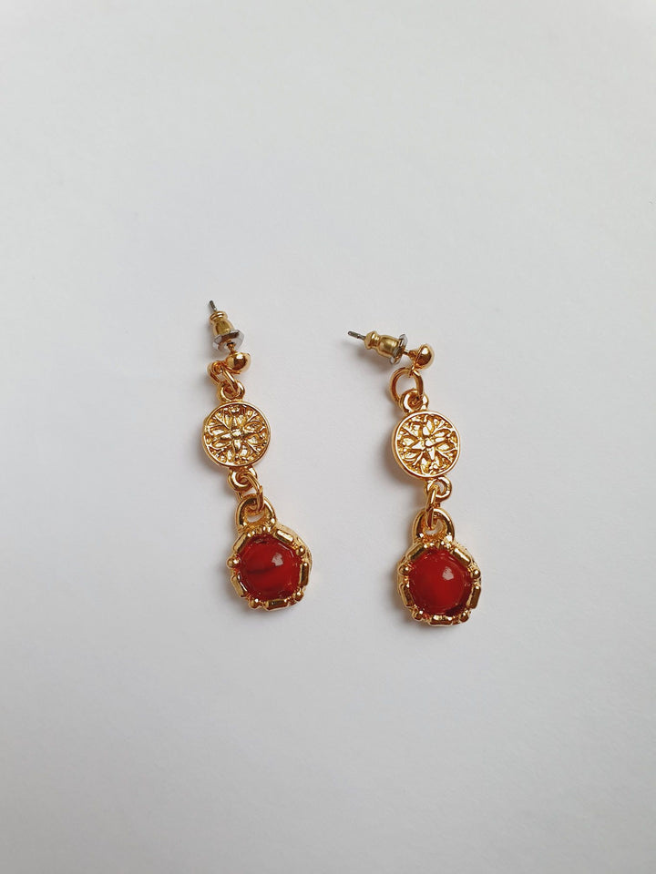 Vintage 80s Gold Plated Textured Drop Earrings with Red Charm