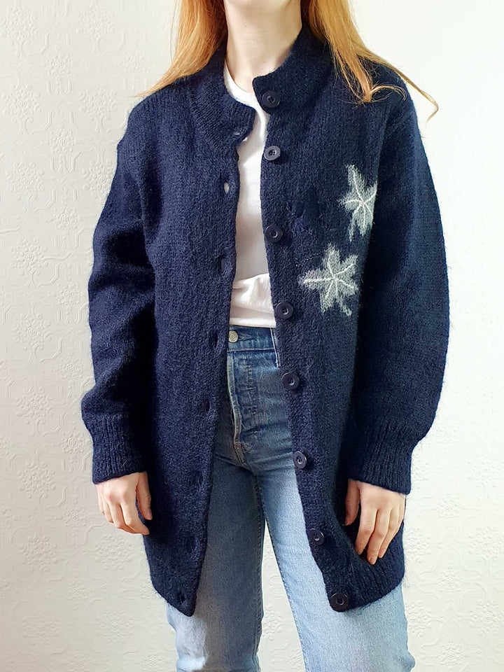 Vintage Navy Wool Long Cardigan with Embroidered Detail - M