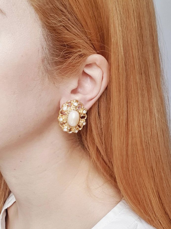 Vintage Gold Plated Clip On Pearl Earrings