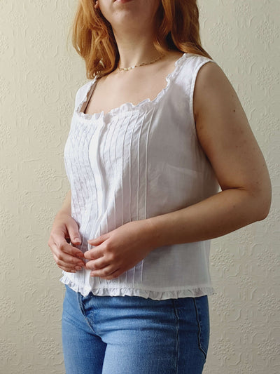 Vintage White Linen Sleeveless Top with Square Neckline - M/L