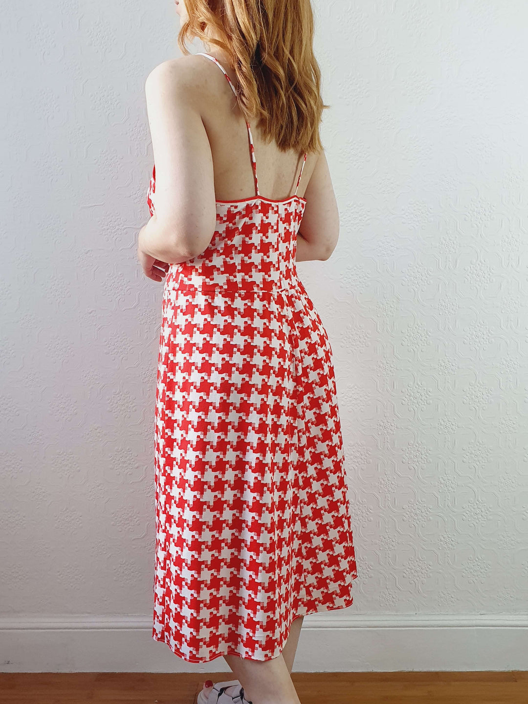 Vintage Red & White Houndstooth Sleeveless Dress - M