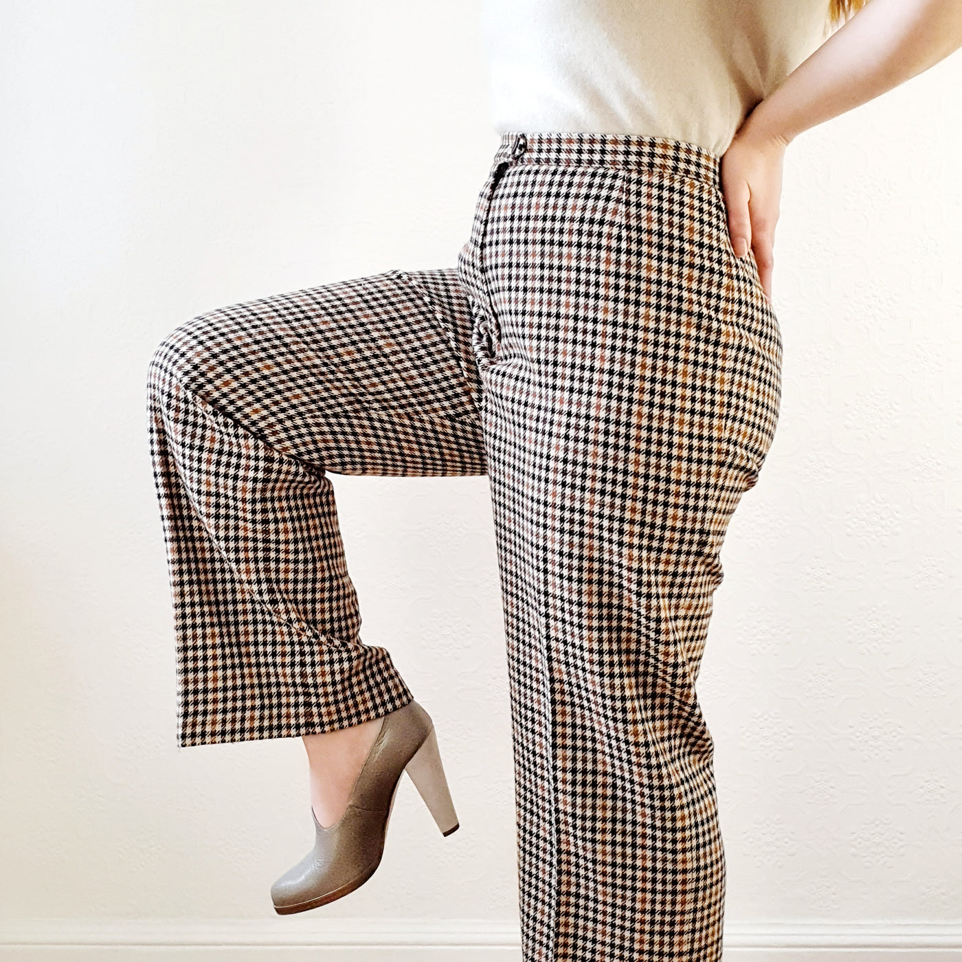 High Waisted Wool Check Trousers - M