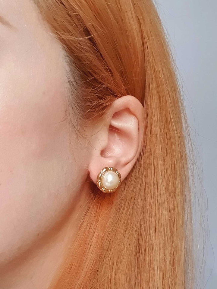 Vintage Gold Toned Pearl Stud Earrings