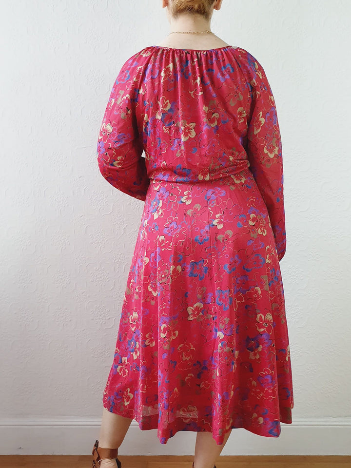 Vintage 80s Red Floral Dress with Long Balloon Sleeves - M